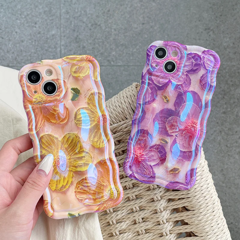 

Retro 3D Flower Oil Painting Case For iphone 11 12 13 14 Pro Max Blue Ray Soft Airbag Anti-fall Cover Wave IMD Coque 12Pro Funda