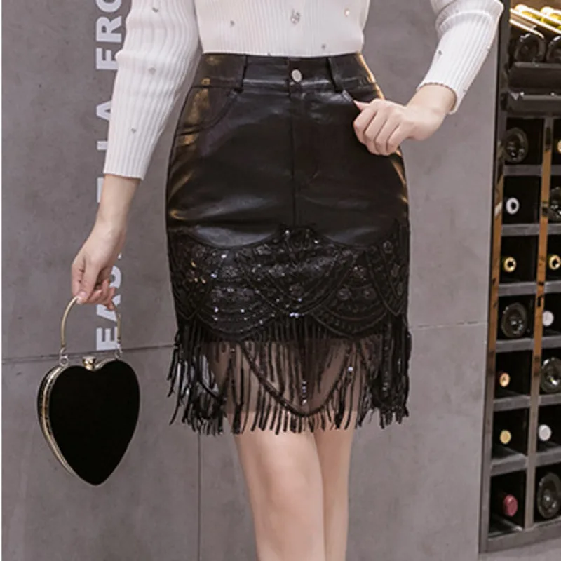 #4904 черные юбки из искусственной кожи Женская офисная одежда с блестками