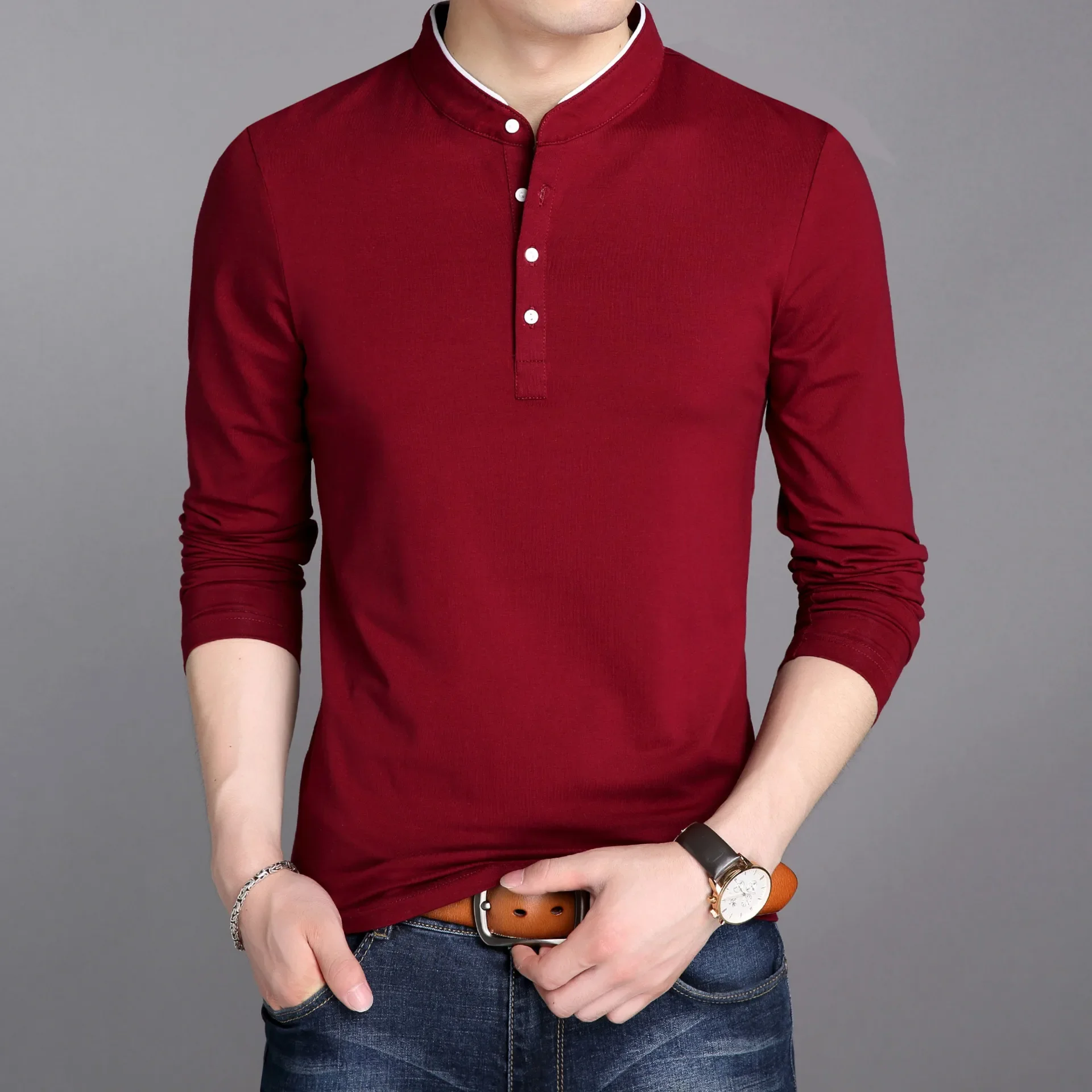 MRMT 2024 Brand New Autumn Men's T-shirt Four-button Long-sleeved for Male Vertical Collar Pure Color Tops Tshirt