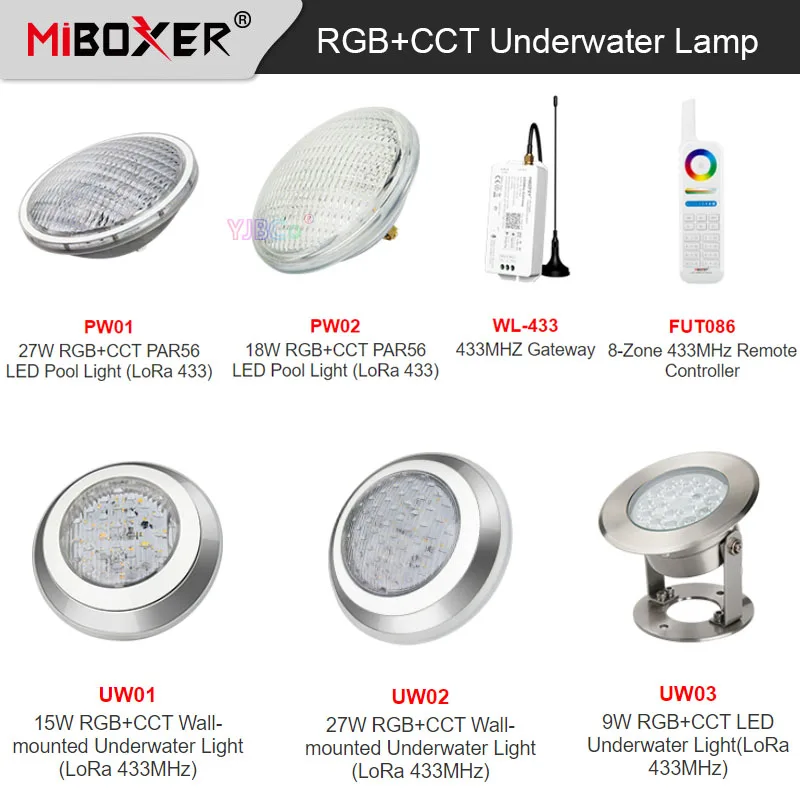 

MiBoxer 9W/15W/18W RGB+CCT Wall-mounted Underwater Lamp AC12V/DC12-24V IP68 underwater 27W PAR56 LED Pool Light,433MHz Gateway