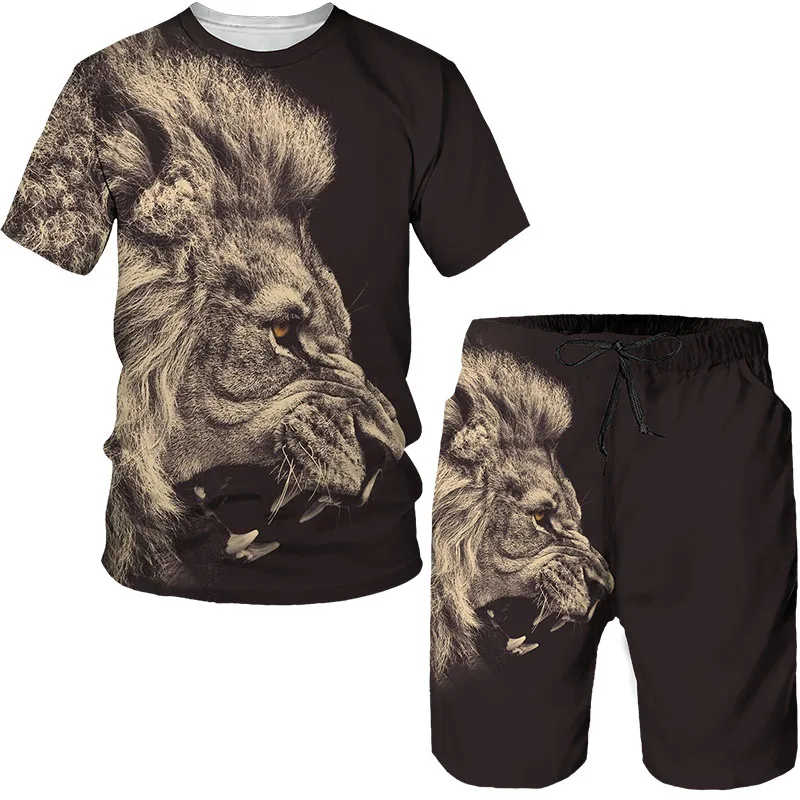 

2022 Summer 3D Printed Plus Size T-shirt Shorts Set Tiger Lion Retro Style Short Sleeve Suit Novelty Fashion Harajuku Menswear