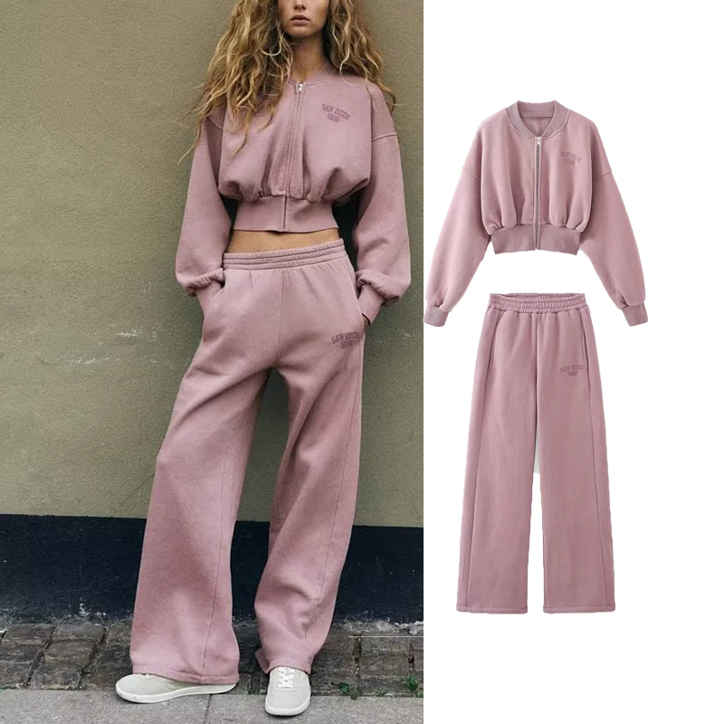 

Комплект из двух предметов TRAF для женщин, осень 2023, модная укороченная толстовка на молнии, женский костюм, повседневные длинные брюки, комплект из двух предметов