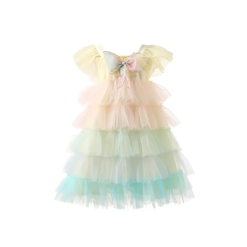 

RiniLucia Summer Girls Cake Dress Fly Sleeve Layers Tulle Birthday Party Dress Children Tutu Dresses Kids Clothes 1 To 6T C01