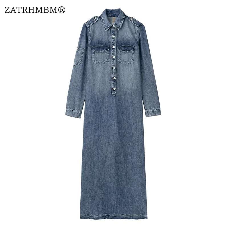 

ZATRHMBM женское осеннее модное джинсовое платье с карманами винтажное повседневное женское платье на пуговицах с длинным рукавом Vestidos Mujer 2023