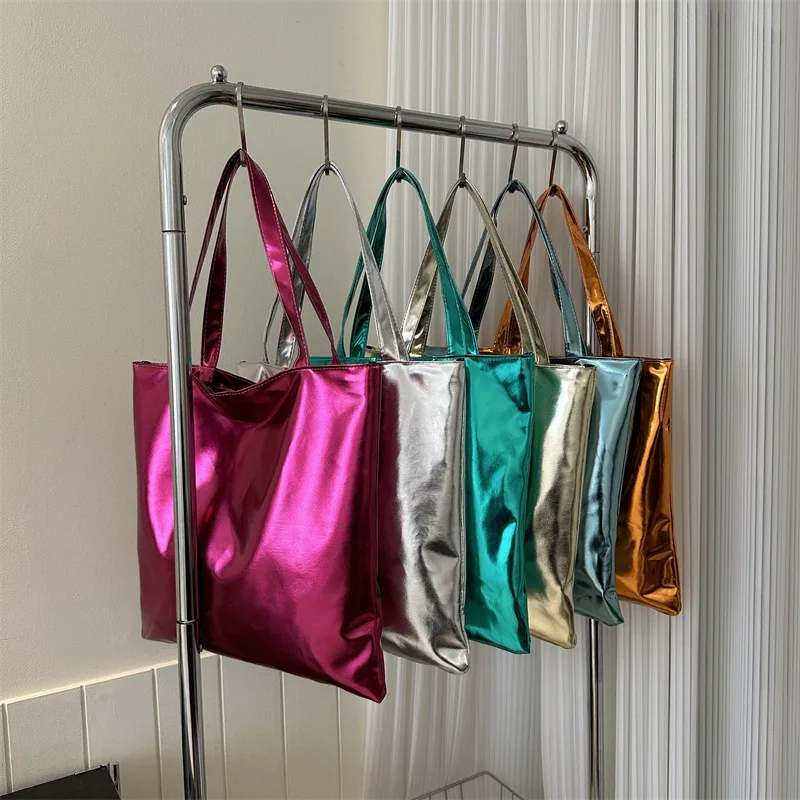 

Women Girls Luxury Fashion Evening Party Metallic Shoulder Bag Ladies Large Capacity Glossy Patent Leather Shopper Tote Bag