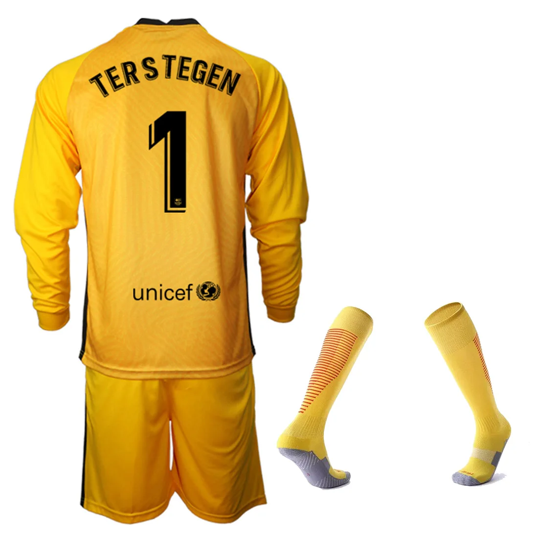 

20-21Goalkeeper football jersey #1 Ter Stegen child youth kids jersey long-sleeved short-sleeved suit training wear F.C.B Yellow