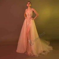 caroline deep v neck tulle evening dress lace mesh sexy straps a line detachable train vestidos prom gowns party custom made
