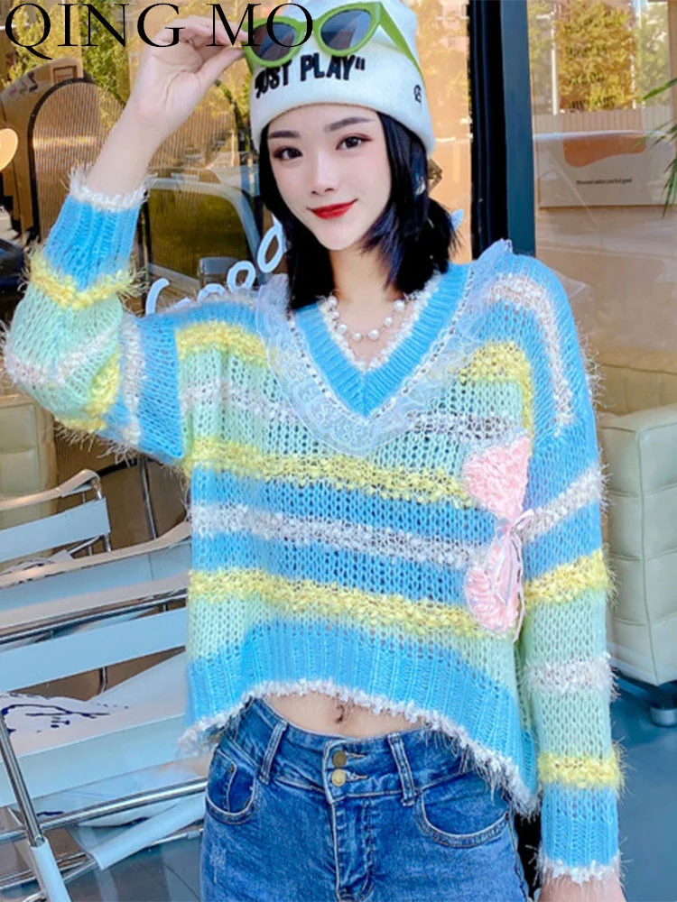 

QING MO Women Printing Bow Tie Short Sweater Loose Wild Pearl Splicing Stripe V Neck Pullover Sweater 2023 Autumn LHX1573A