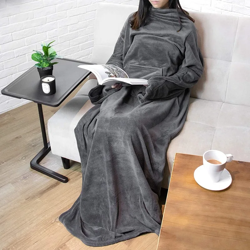 

Winter Outdoor Hooded Pocket Blankets Warm Soft Hoodie Slant Robe Bathrobe Sweatshirt Pullover TV Fleece Blanket With Sleeves