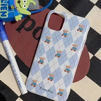 clmj cute bear blue plaid phone case for iphone 11 pro 12 13 xs xr x se 2020 8 7 plus cartoon animal phone case silicone cover