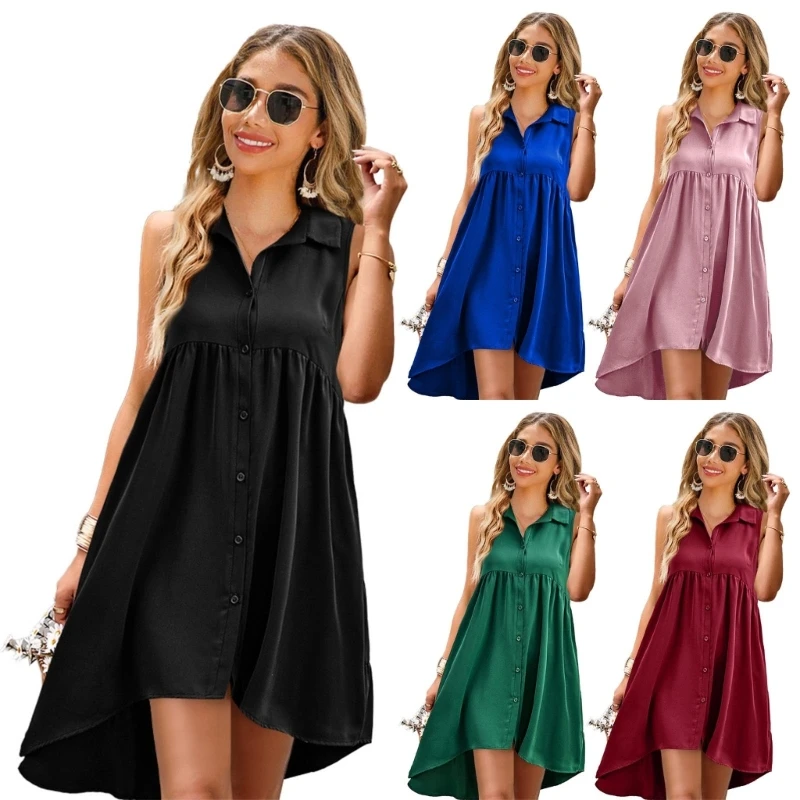 

Women Summer Sleeveless Lapel Button Front Asymmetrical A-Line Flowy Midi Dress