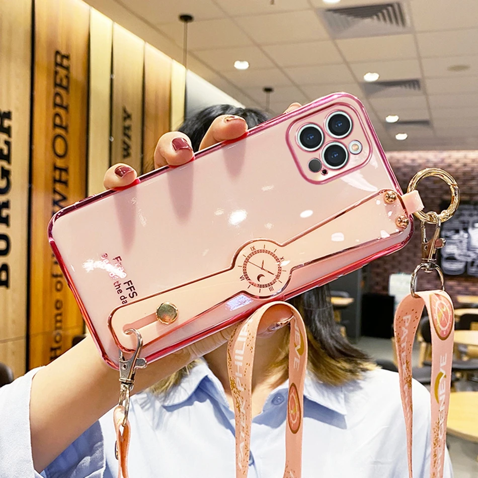 Wrist Strap Case for iPhone 7 8 Plus SE 2020 Case Silicone Cute Cartoon Holder Cover for iPhone X Xs 11 12 Mini Pro Max XR Coque