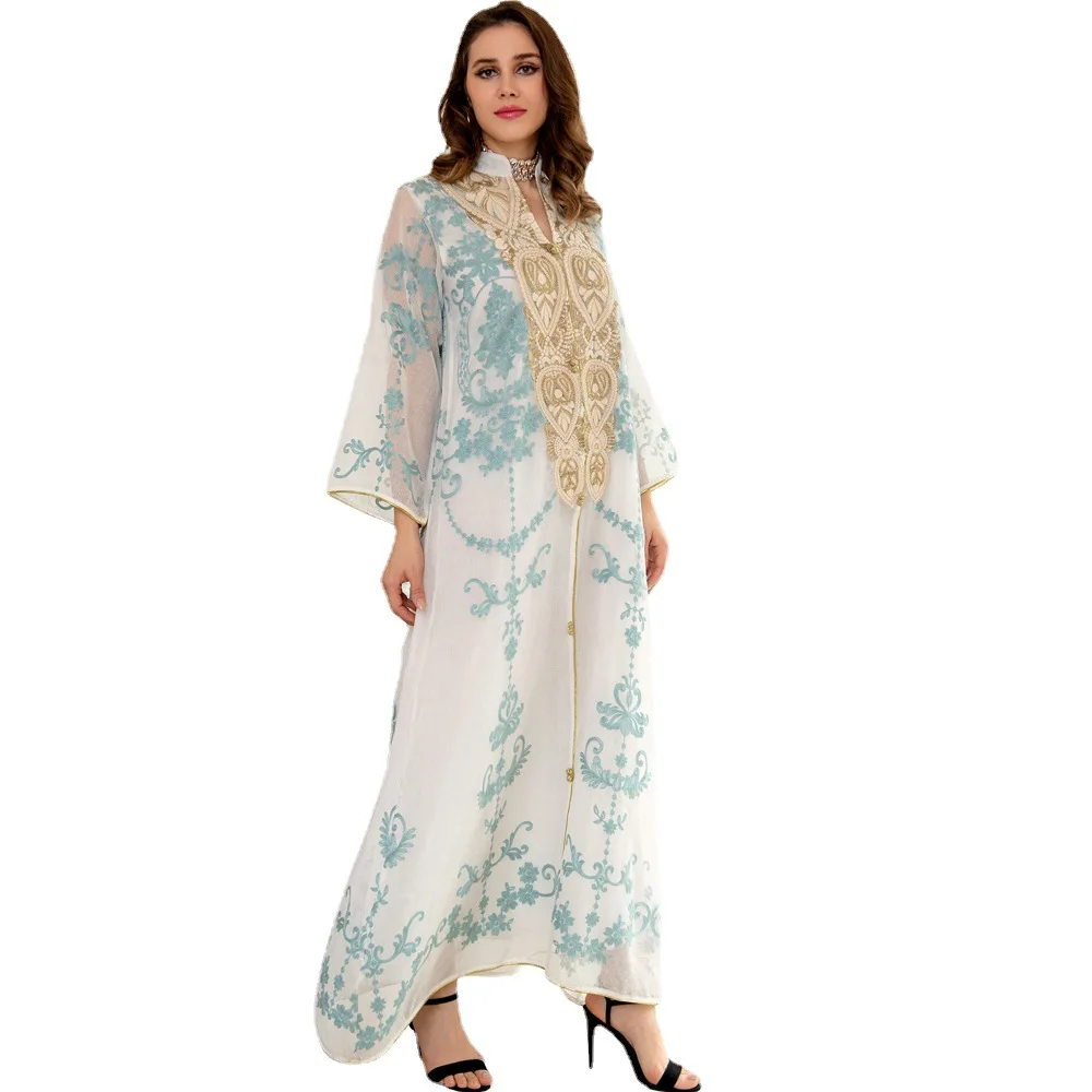Eid Mubarak Abaya Dubai Turkey Mesh Muslim Fashion Arabic Dress Embroidery Evening Party Caftan Dresses for Women Kaftan Islam