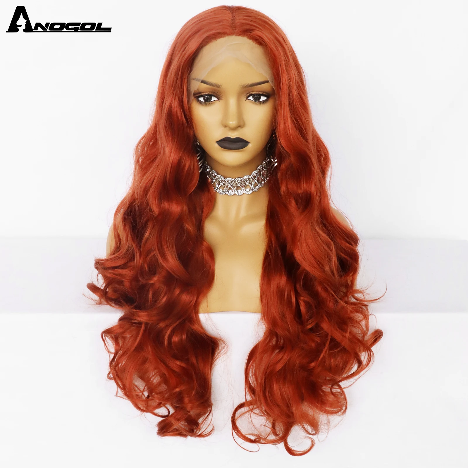 ANOGOL Synthetic 34IN Orange Lace Wig T Part Lace Closure Middle Part Long Body Wave Pink Purple Wavy Wigs Heat Resistant Fiber