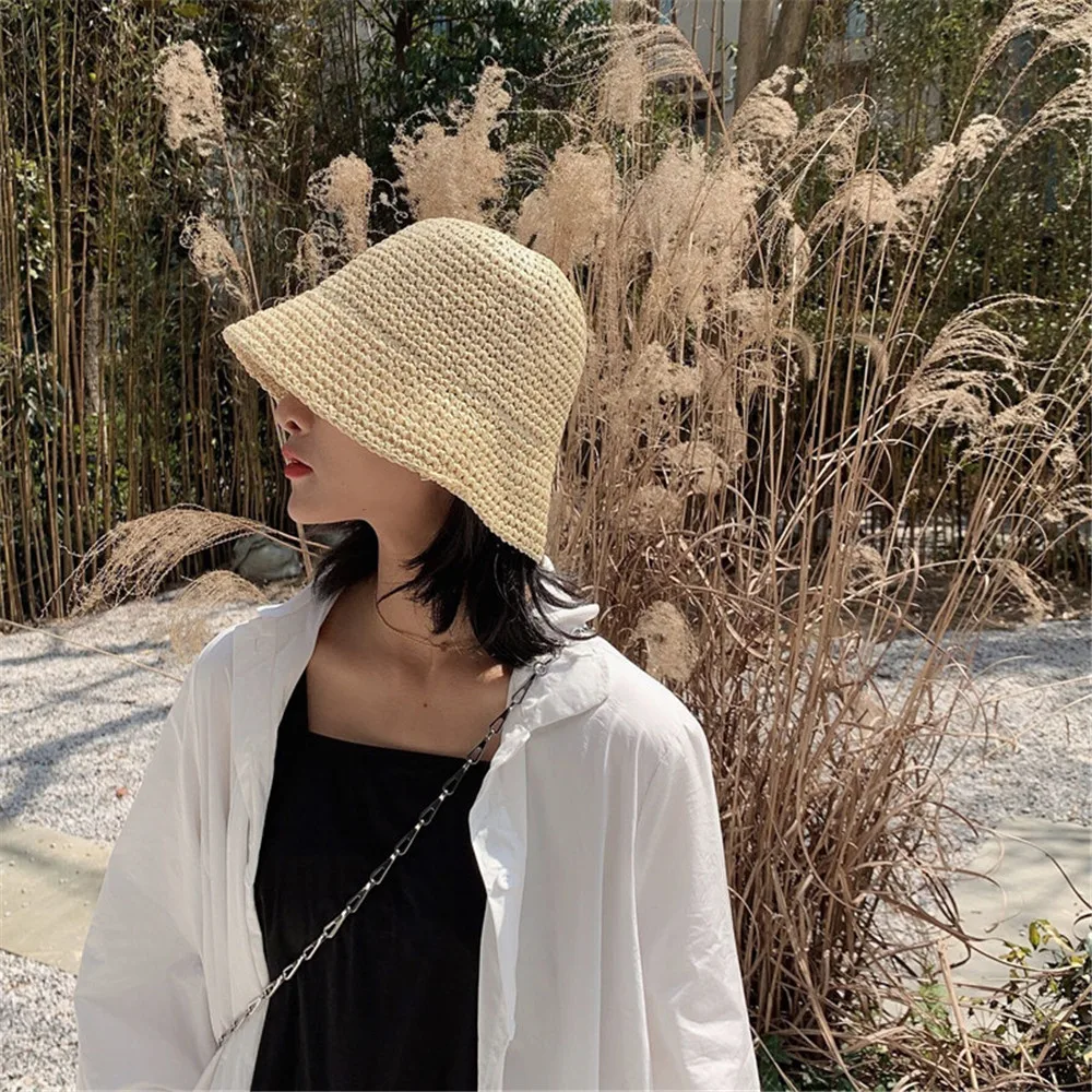 

Hot Women's Fashion Cap Vacation Fisherman Hat Hand-woven Bucket Straw Beach Hat Sunscreen Hats