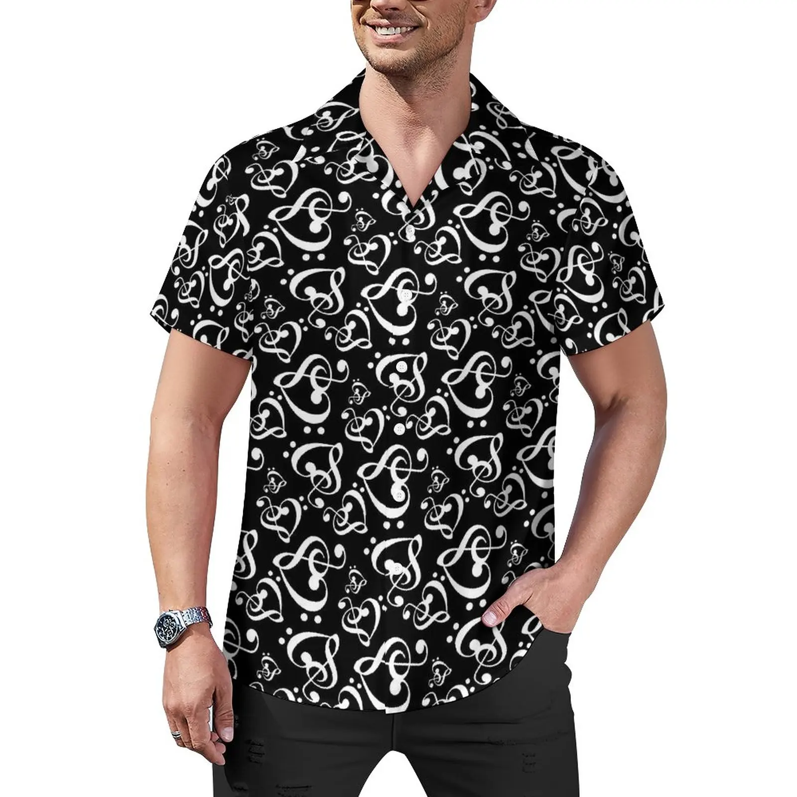 

Hearts Music Notes Casual Shirts Black White Beach Shirt Hawaiian Retro Blouses Male Printed Plus Size 3XL 4XL