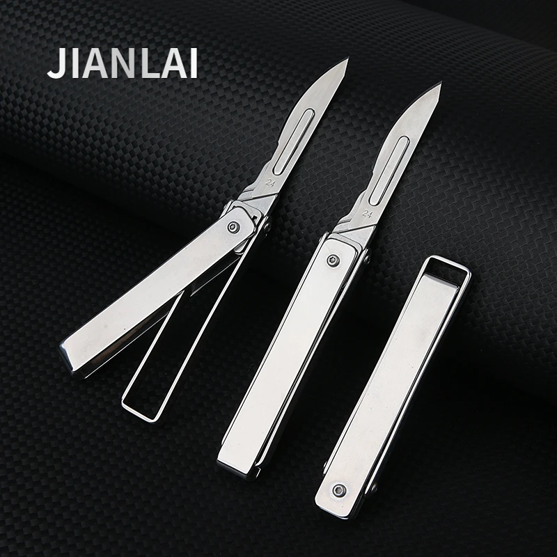 Stainless Steel Folding Scalpel Portable Mini Key Chain EDC Outdoor Box Opening Pocket Knife with 10 Replaceable 24 # Blades