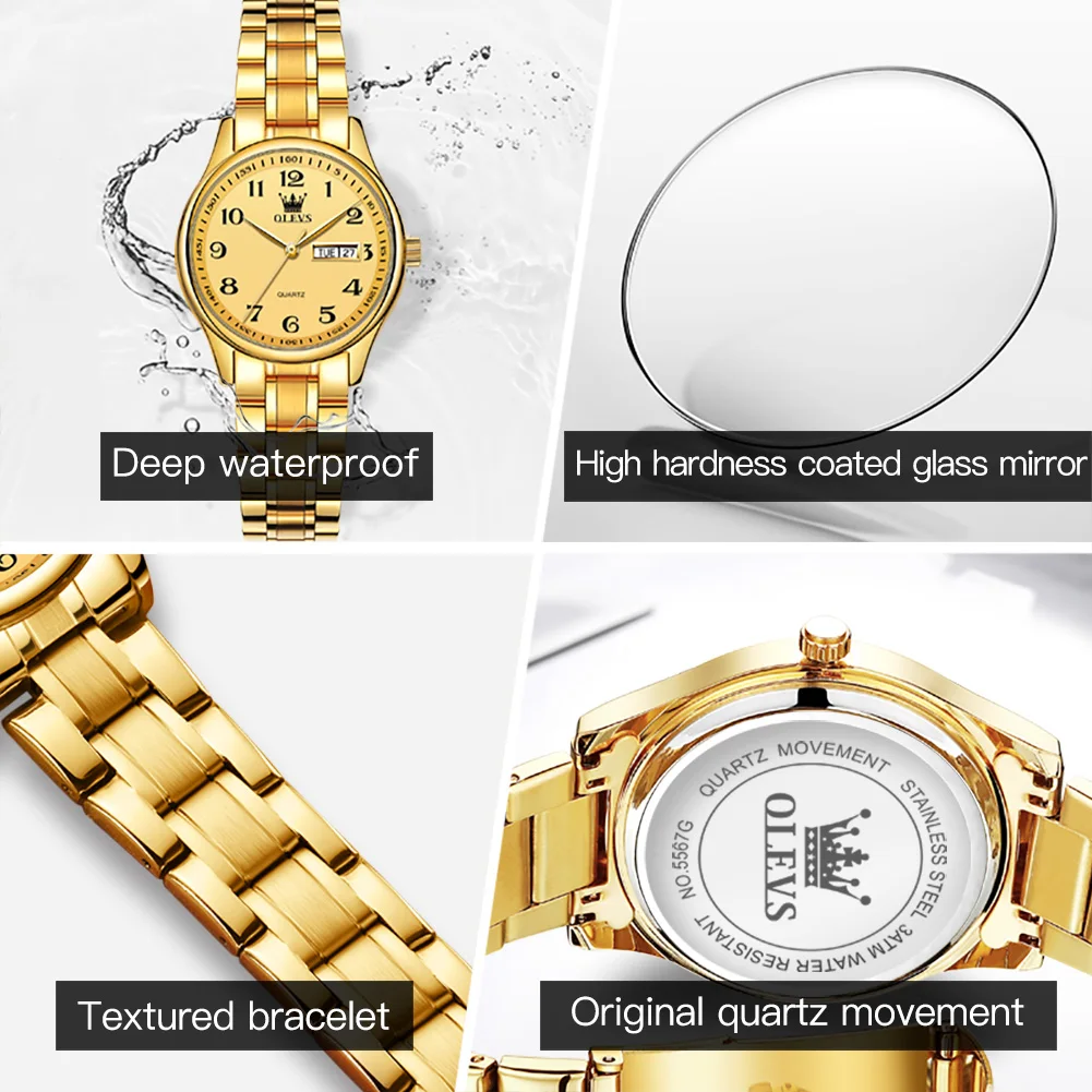 OLEVS Business Fashion Golden Watch for Women Luxury Waterproof Stainless Steel Woman Quartz Wrist Watches 5567 Ladies Clock