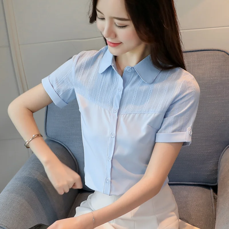 

Summer Women's Shirt Casual Blouses Korean Style Short Sleeve Chiffon Lace Blue White Shirt Female Tops Blouse Woman Clothing