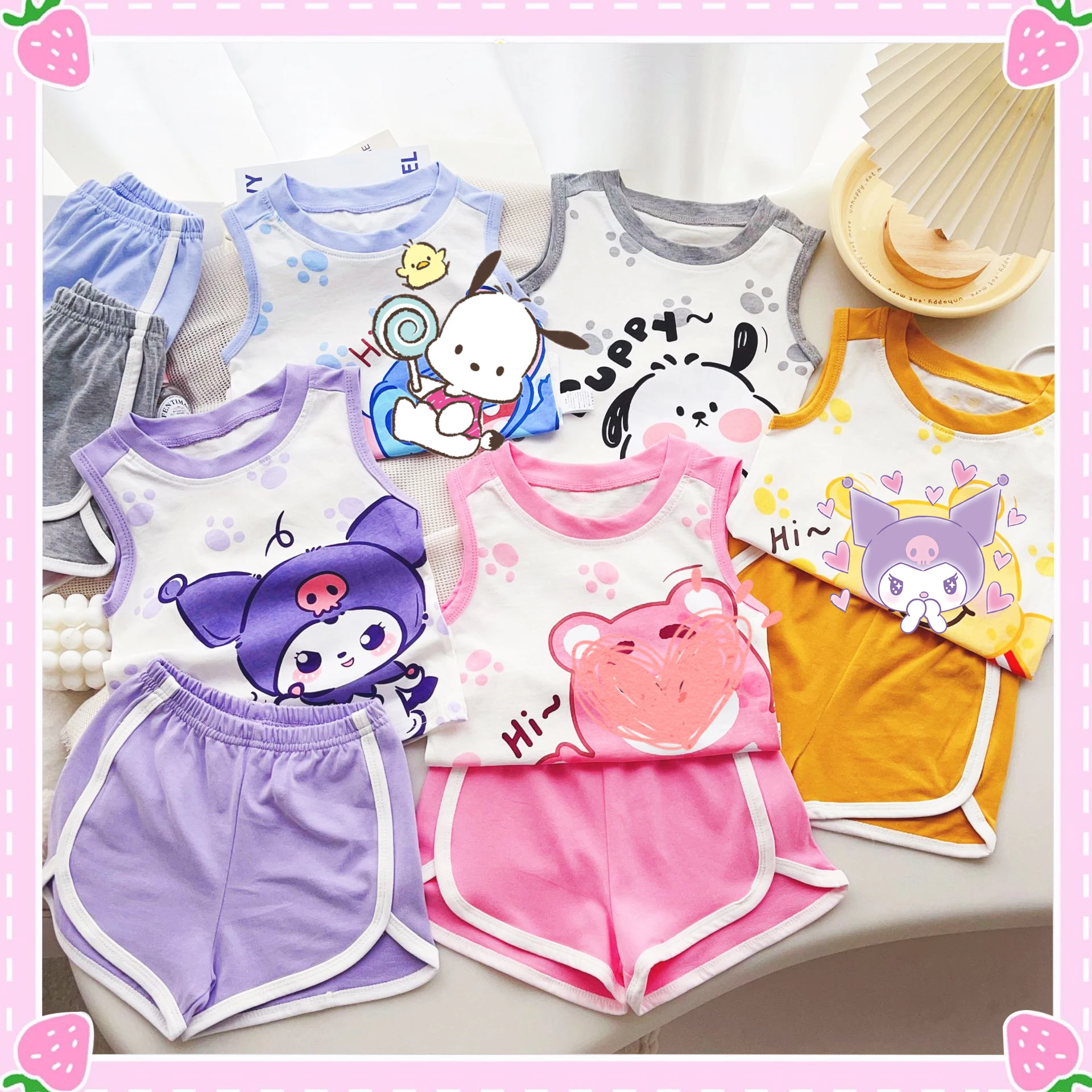 

2023 Kawaii Kids набор из жилета и шорт Cotton 2Pcs Sanrioed летний весенний спортивный костюм аниме Kuromi понравило милые подарки для девочек на день рождения