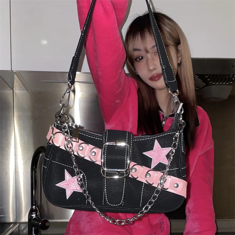 

Новая модная крутая Темная джинсовая сумка в стиле Харадзюку, женская сумка с розовой звездой и металлической цепочкой, сумка-тоут, сумочки, сумочки, багетты