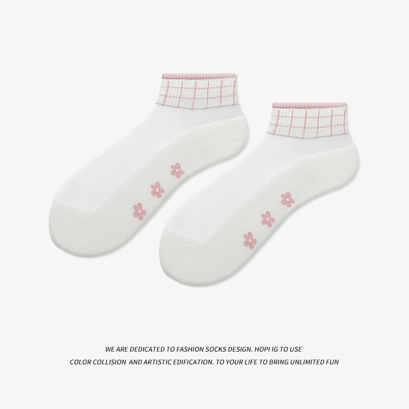 Summer thin women's glass silk socks Transparent Cotton Bottom Breathable Pink Cute Flower Socks
