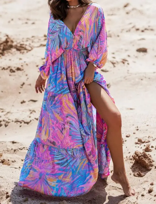 

New Fashion 2023 Summer Casual Sexy V-Neck Long Sleeve Ruched Daily Vacation Slight Stretch Tropical Print High Slit Maxi Dress