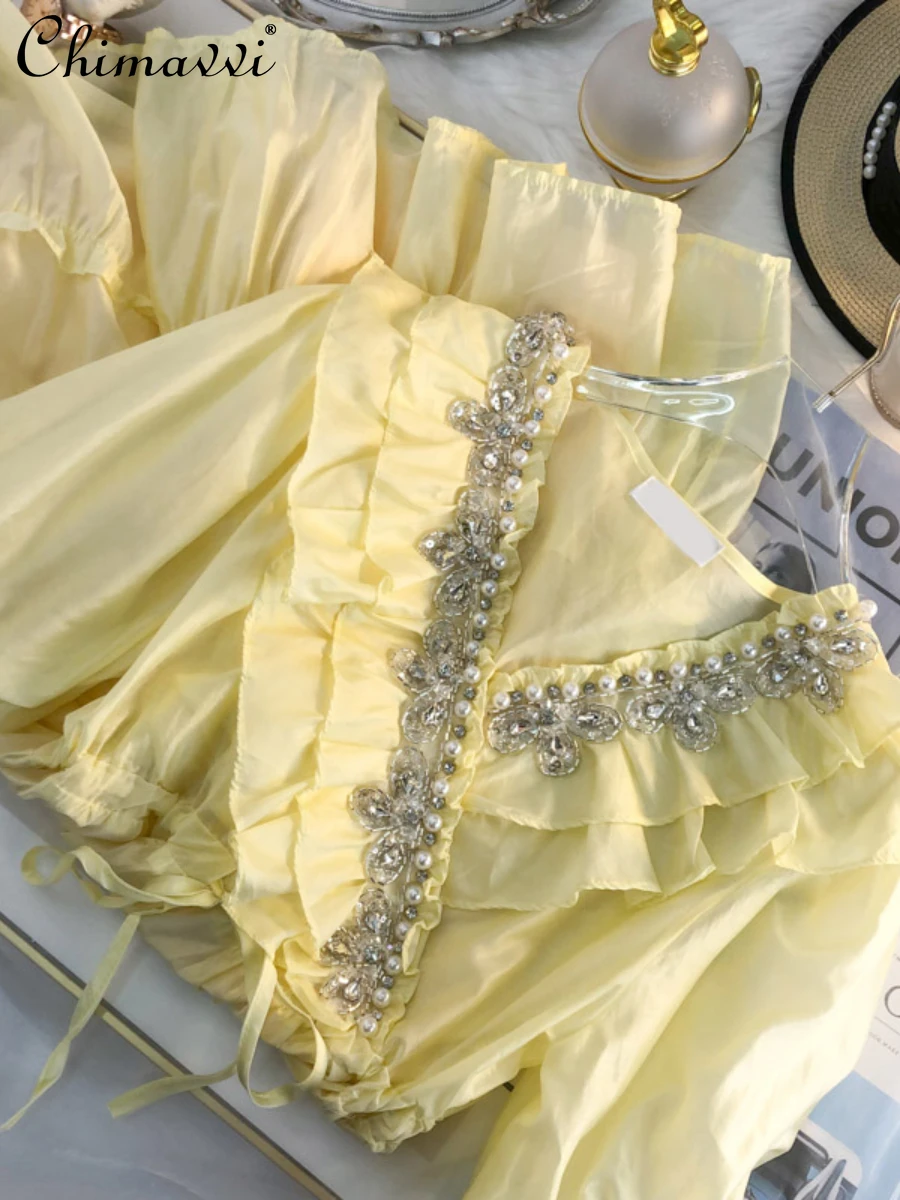 

High-End Heavy Beads V-neck Flounce Dress Women's Fashion French High Waist Slimming Elegant A- Line Fairy Dress 2022 Summer New