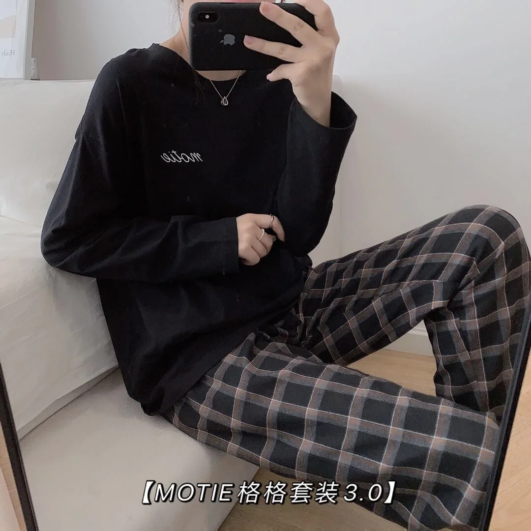 New Spring Autumn Pajamas Women's Checkered Letter Suit Loose Long Sleeve Casual Korean Version Home Wear Sleepwear Nightwear