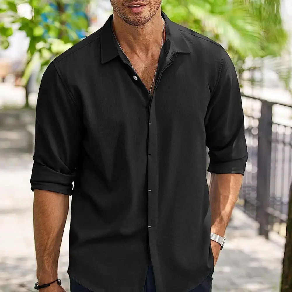 

Men Fall Shirt Hidded Single-breasted Loose Long Sleeve En Shirt Turn-down Collar Soft Mid Length Streetwear Men Spring Top