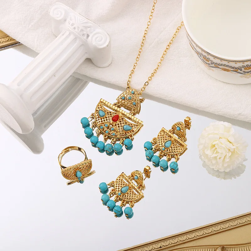 

MANDI Blue Natural Stone Tassel Hollow Pendant Jewelry Set Light Luxury Gold-plated Non-fading Earrings Ring Necklace Sets