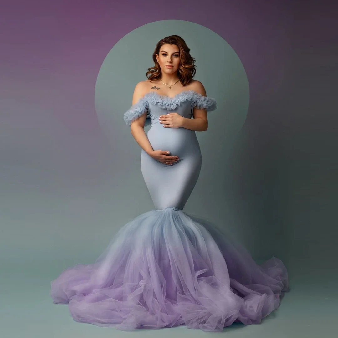 

New Arrive Sexy Off Shoulders Maternity Dress Gradient Color Tulle Bottom Mermaid Robes Preganct Photo Shoot For Babyshower