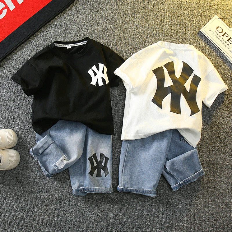 

Baby Boy Summer Clothes Children's Letter Print Tshirts and Jeans Set Short Sleeve Top Denim Shorts Kids Loungewear 2PCS Outfits