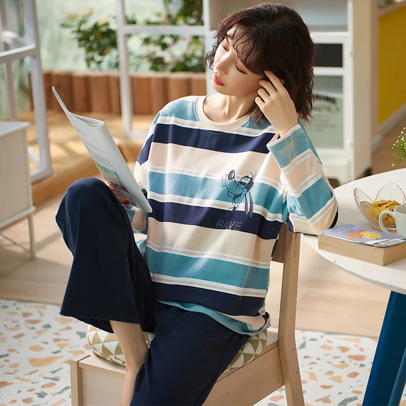 

Women Cotton Pyjama Set For Woman Spring Autumn Long Sleeve Pullover Sweet Simple Stripe Pjs Female Wearable Home Clothes Set