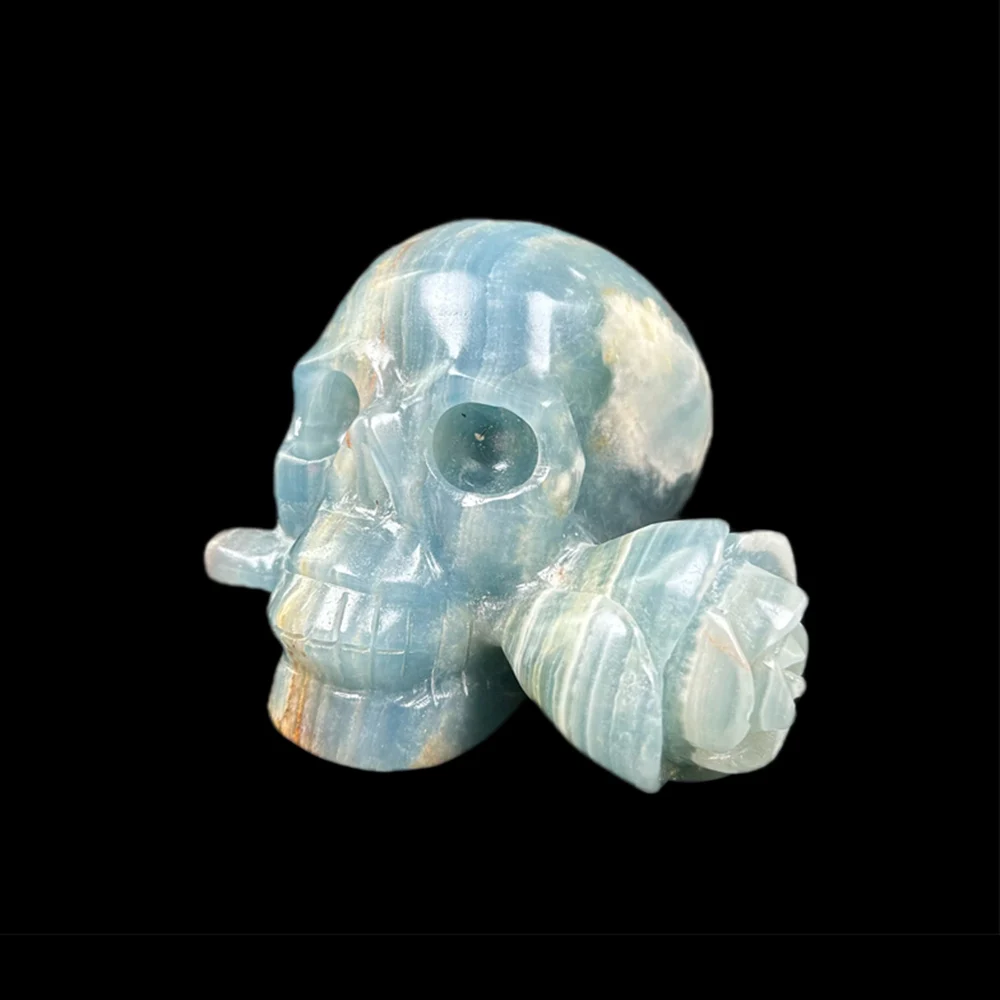 

1 шт. натуральный драгоценный камень, ручная работа, хрустальный череп, голубой оникс, черепа с цветком, скульптура, исцеление для украшения дома и фэншуй