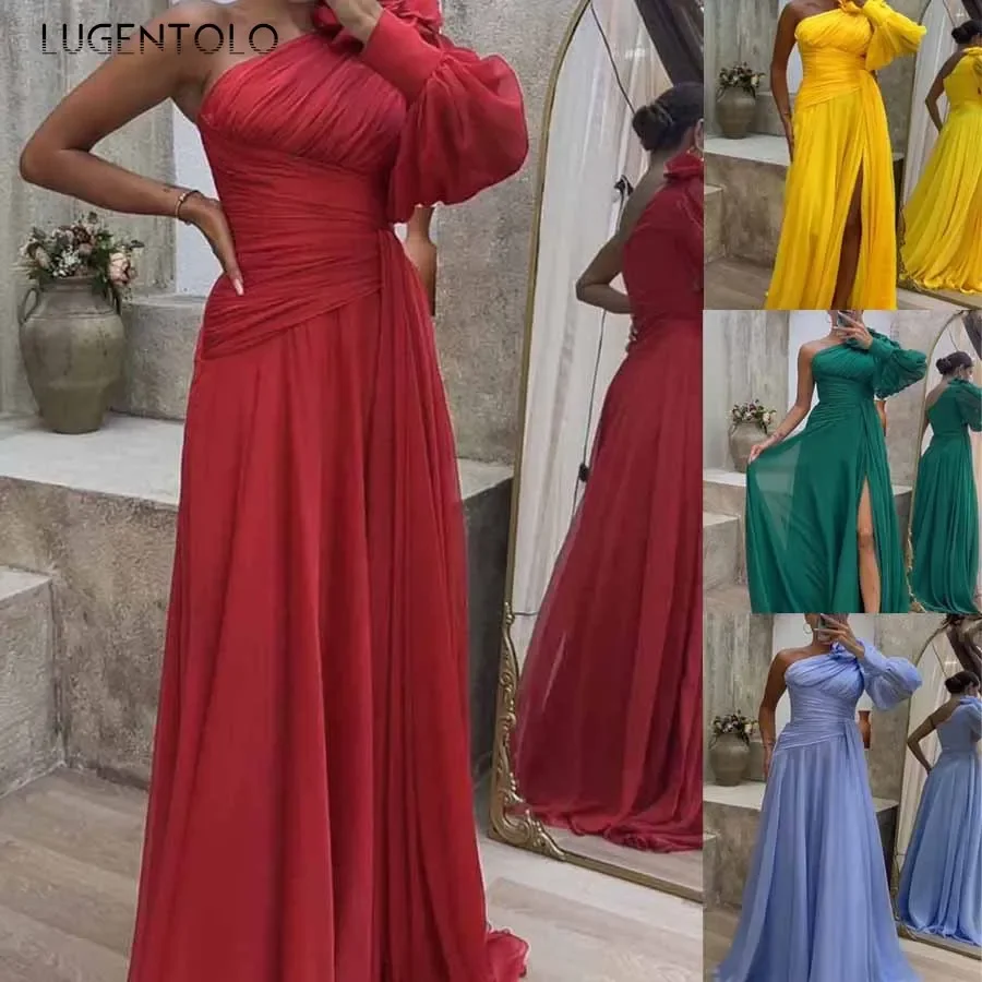 

Женское шифоновое платье с косыми плечами, сексуальное модное повседневное элегантное однотонное Длинное свободное платье с разрезом, Lugentolo
