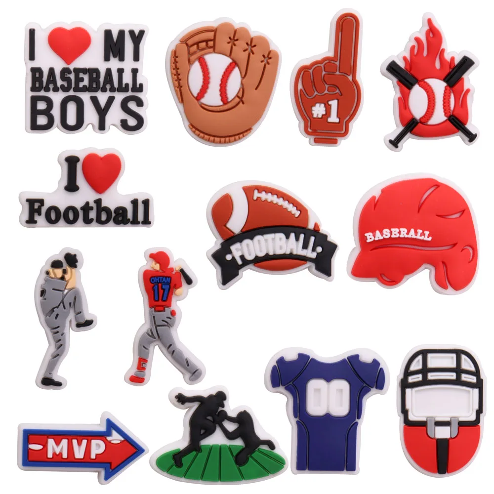 

1-13PCS PVC Shoe Charms Love My Baseball Boys Football MVP Athlete Cap Gloves Croc Jibz Buckle Silicone Croc Slipper Accessories