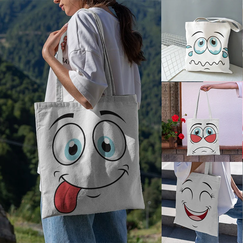 

Happy Face Printed Canvas Bag Reusable Eco-friendly Cloth Collapsible Shoulder Bag Funny Storage Sundries Student Shopping Bag
