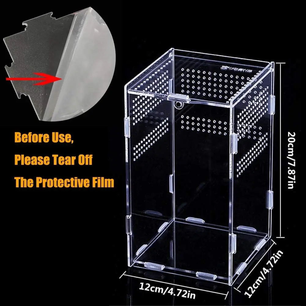 Вольер для рептилий и амфибий с коробкой для кормления насекомых 12x12x20см, акриловый прозрачный разводочный ящик.
