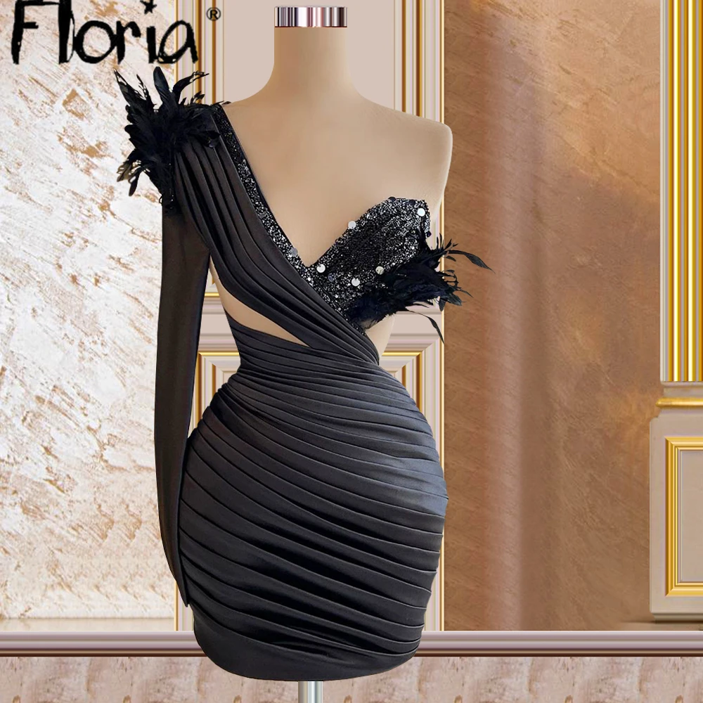 

2022 Elegant Black Long Sleeve Short Feather Cocktail Dresses Pleated Satin Party Plus Size Homecoming Dresses Formal Gowns