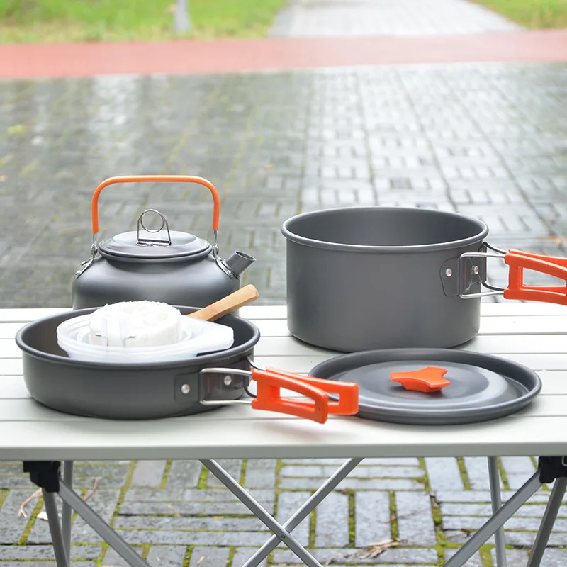 

7pcs/set Portable Camping Equipment For Outdoor Hike Tourism Tableware Picnic Set Dishes Set of Pots 1-2 Persons Cookware