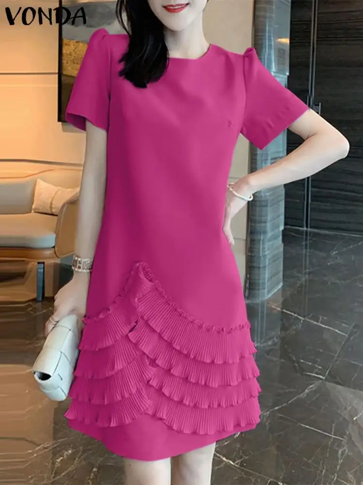 

Женское летнее платье 2023 с оборками VONDA, элегантное мини-платье с круглым вырезом, повседневное однотонное женское платье