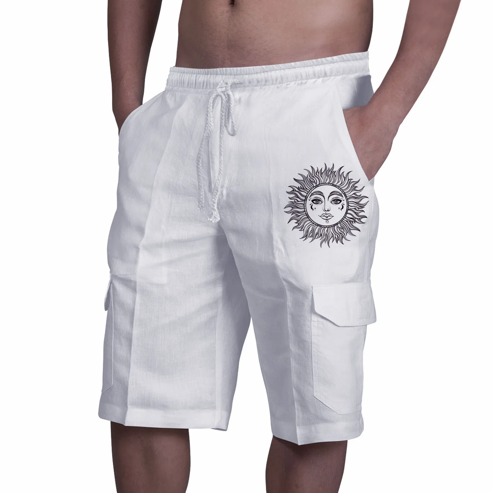 

Шорты мужские с принтом, хлопок и лен, повседневные однотонные, с несколькими карманами, модная уличная одежда, лето