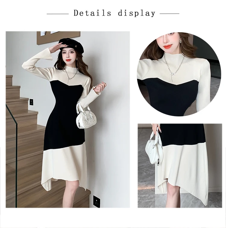 Женское трикотажное платье-свитер в стиле пэчворк с расклешенным рукавом