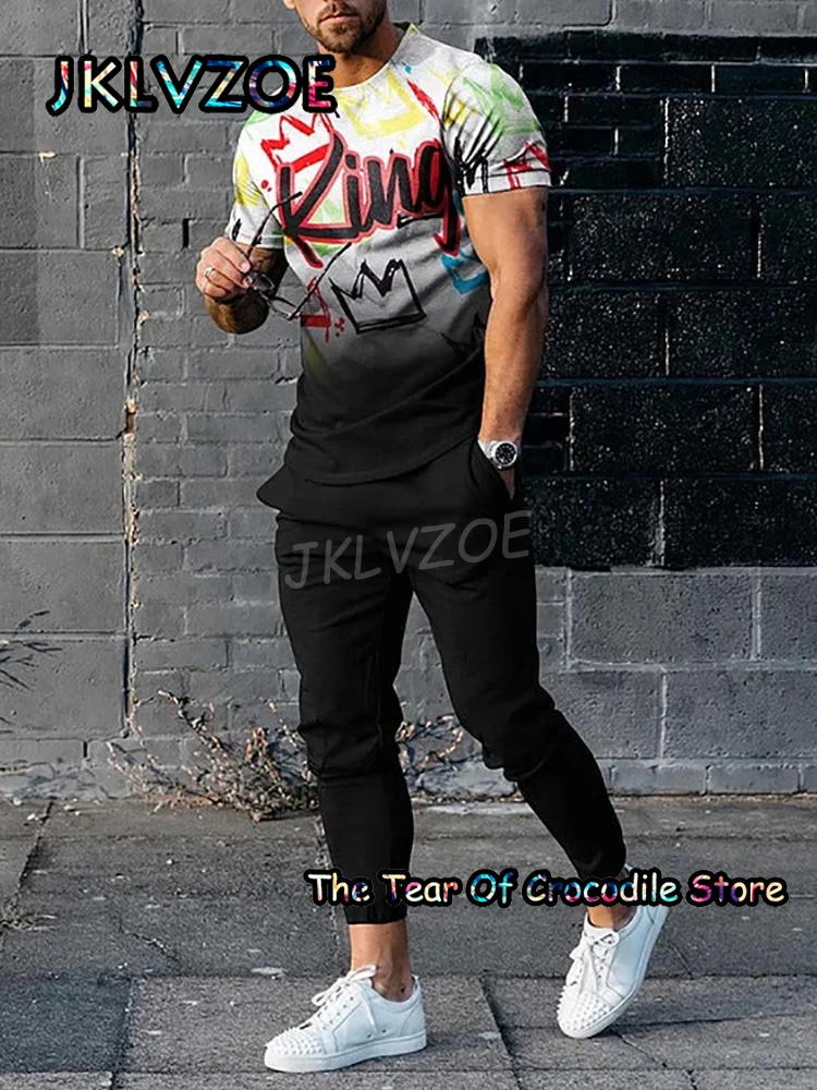 

The King Graffiti Men's T Shirt+Trousers Tracksuit 2 Piece Set Short Sleeve Long Pants Street Unisex Printing Summer Clothes