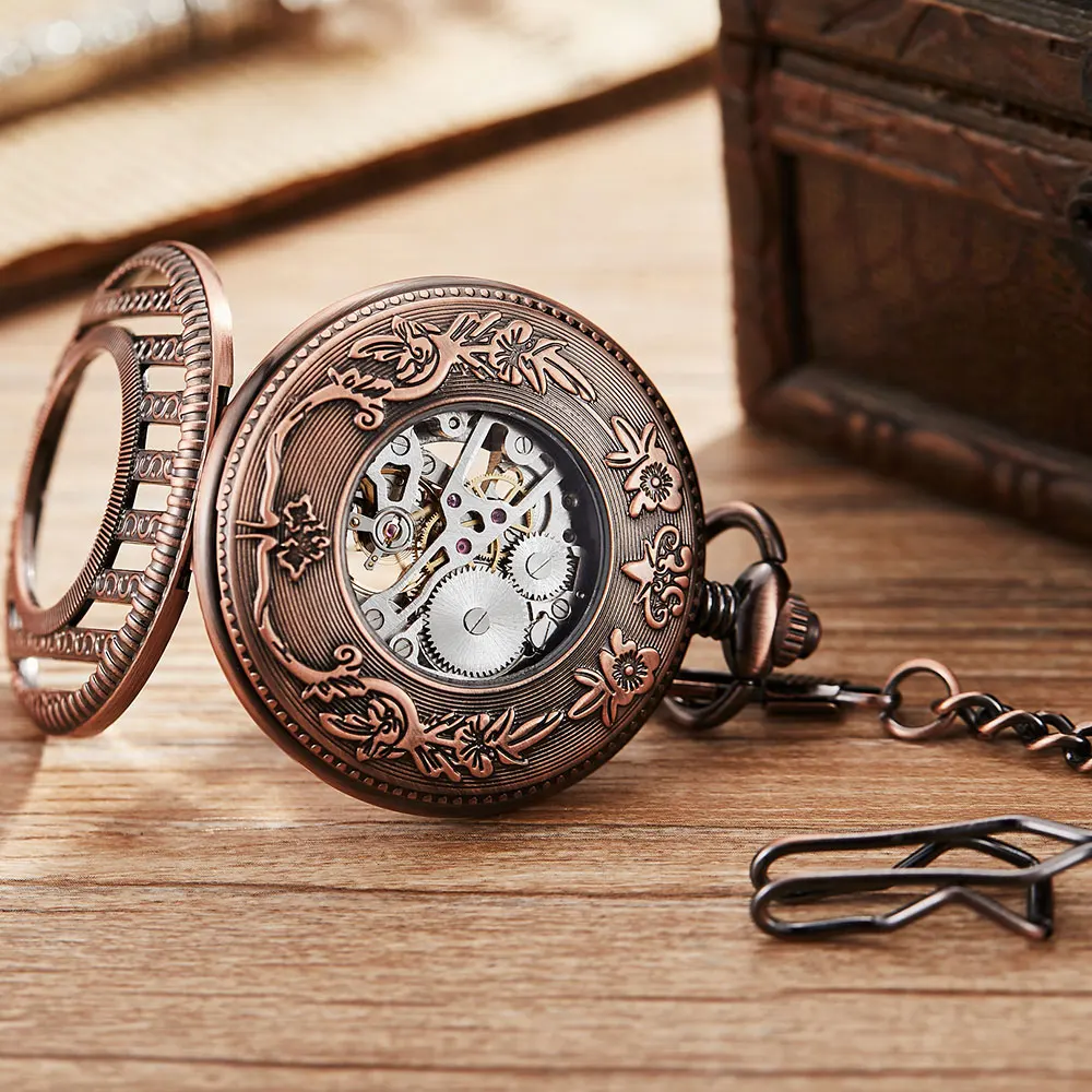 Vintage Antique Stripe Mechanical Hollow Skeleton Pocket Watch Round Dial Antique Pendant Clock Retro Gifts Men Women