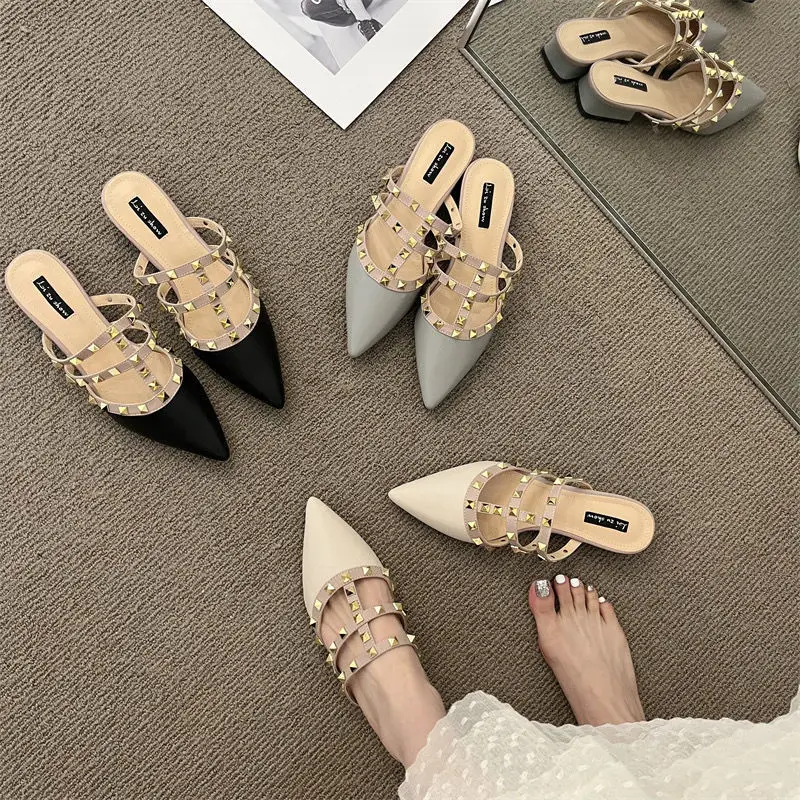 

Summer New Women's Rivet Slippers Solid Color Pointed Metal Square Heel Low Heel Fashion Slippers Sandals For Women