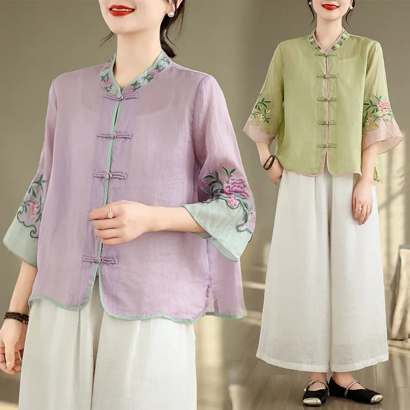 Винтажная женская блузка с коротким рукавом топ в художественном китайском