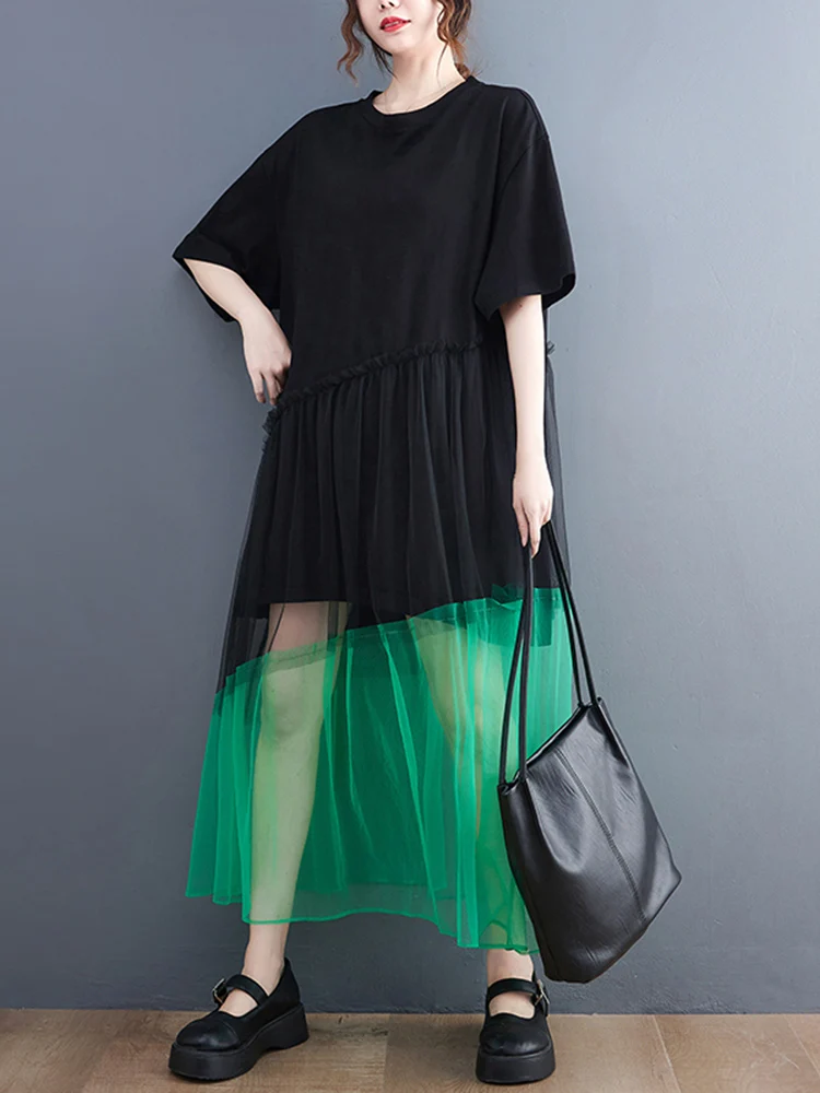 

Женское винтажное платье с коротким рукавом, черное платье средней длины с сетчатым верхом в стиле пэчворк, свободное повседневное элегантное платье, лето 2022