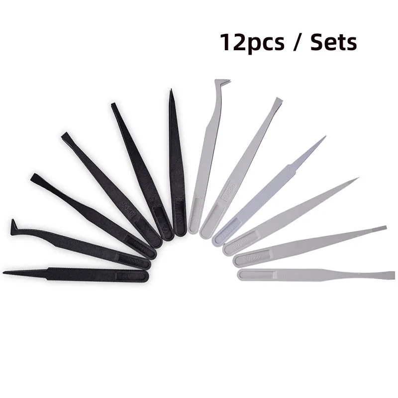 

12 шт. антистатические пинцеты, черные, белые пластиковые мягкие эластичные пинцеты, набор промышленных точных ручных инструментов для ремо...